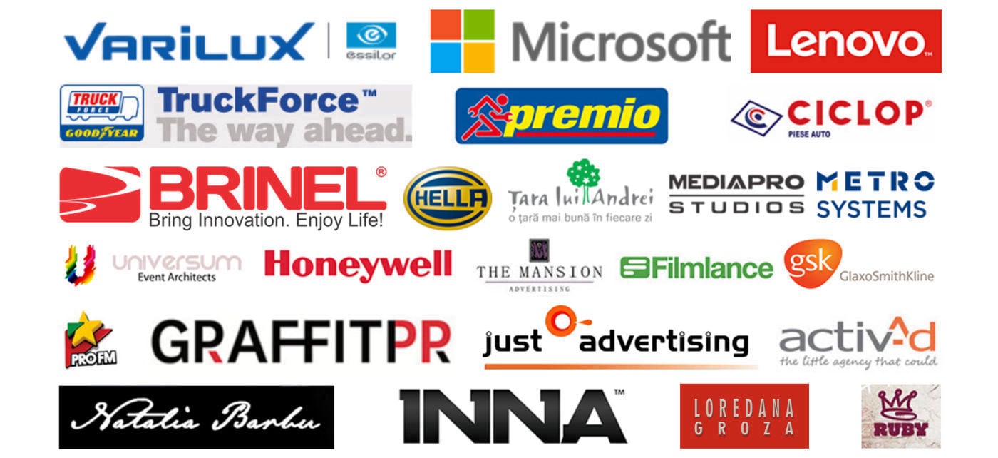Colaj cu logo-uri ale unor clienți și colaborări CYBERDANCE, inclusiv Microsoft, Lenovo, Honeywell, GSK, Hella, Mediapro Studios, PRO FM, INNA, Loredana Groza, Ruby și Natalia Barbu